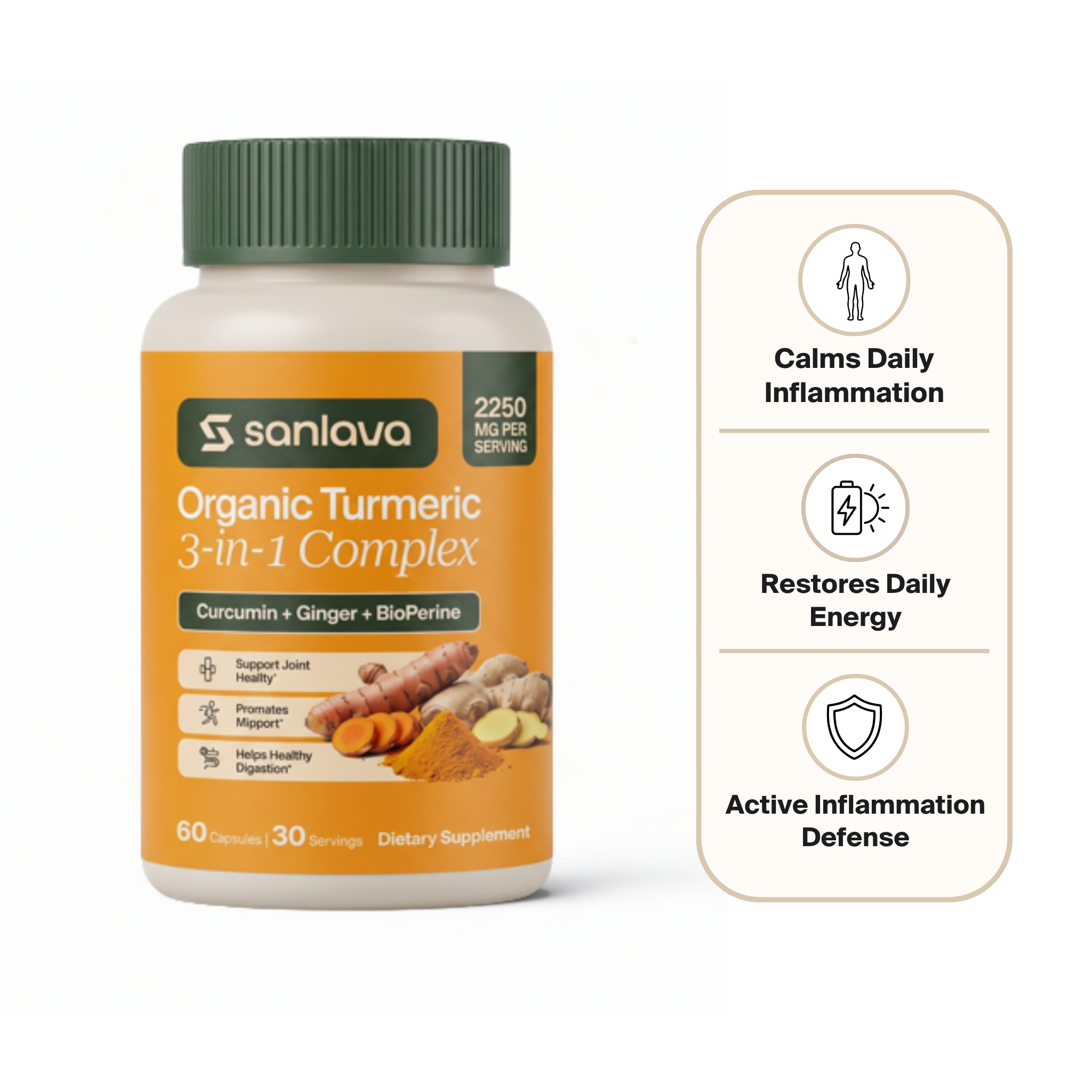 Sanlava Organic Turmeric™ 2250mg | Cold-Purified Anti-Inflammatory Complex