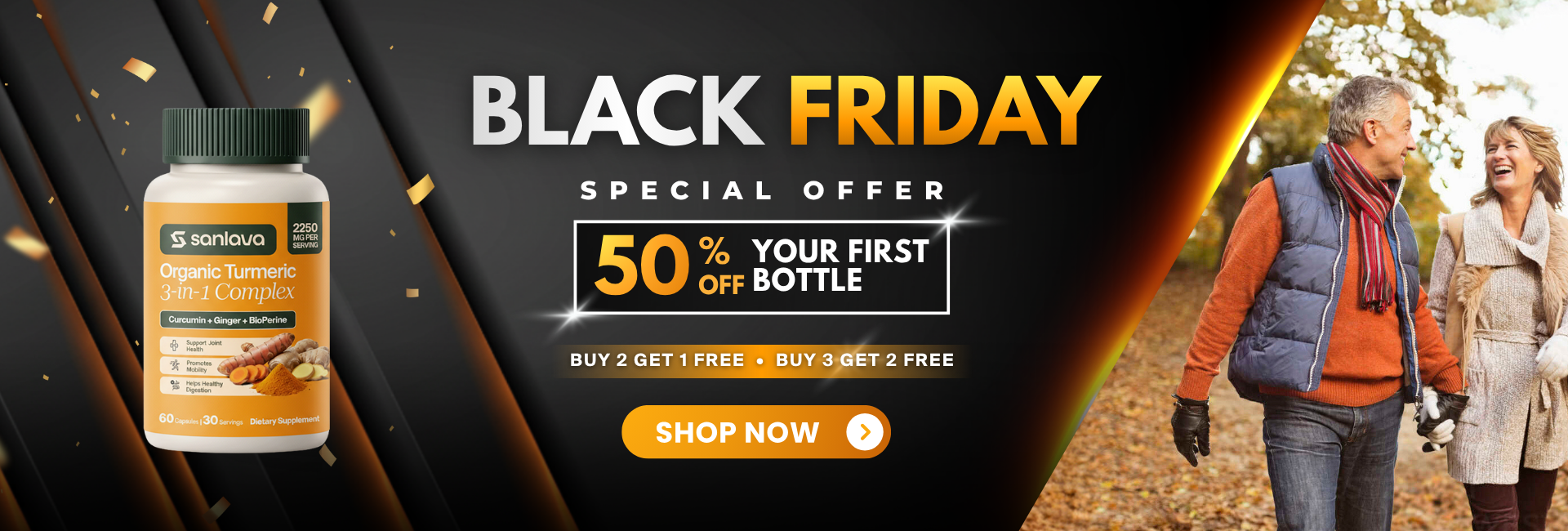 Black Friday sale advertisement with a bottle of supplements and a couple walking in the background.